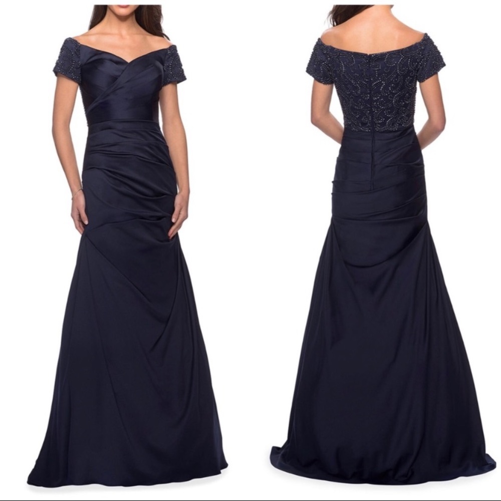 La Femme Beaded Ruched Floor Length Navy Gown EUC